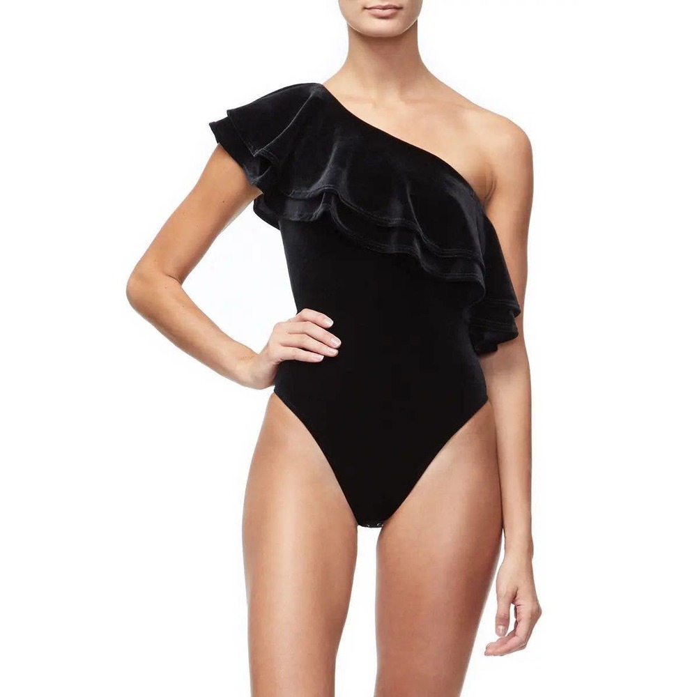 GOOD AMERICAN black velvet ruffle one shoulder bodysuit Khloe Kardashian.
